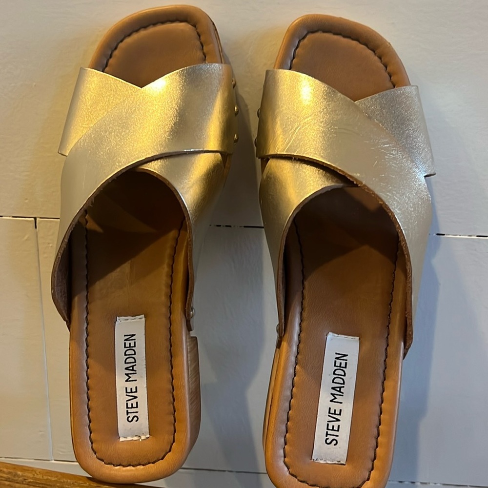 Steve Madden slide sandals with a low platform heel